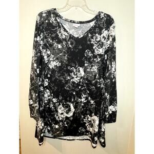 Lularoe Womens L Long Sleeve Tunic‎ Black White Floral EUC